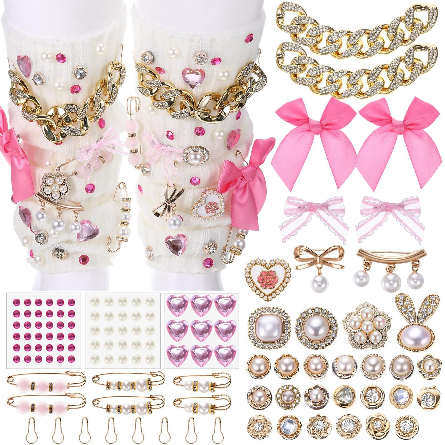Trnayi 120 Pcs Junk Socks Charms Kit, Gold Brooches and Pins for Women Christmas Gifts, Pearl and Gems Bows Shoe Charms with Safety Pins for DIY Hat Clothes Bags(Pink,Stylish)