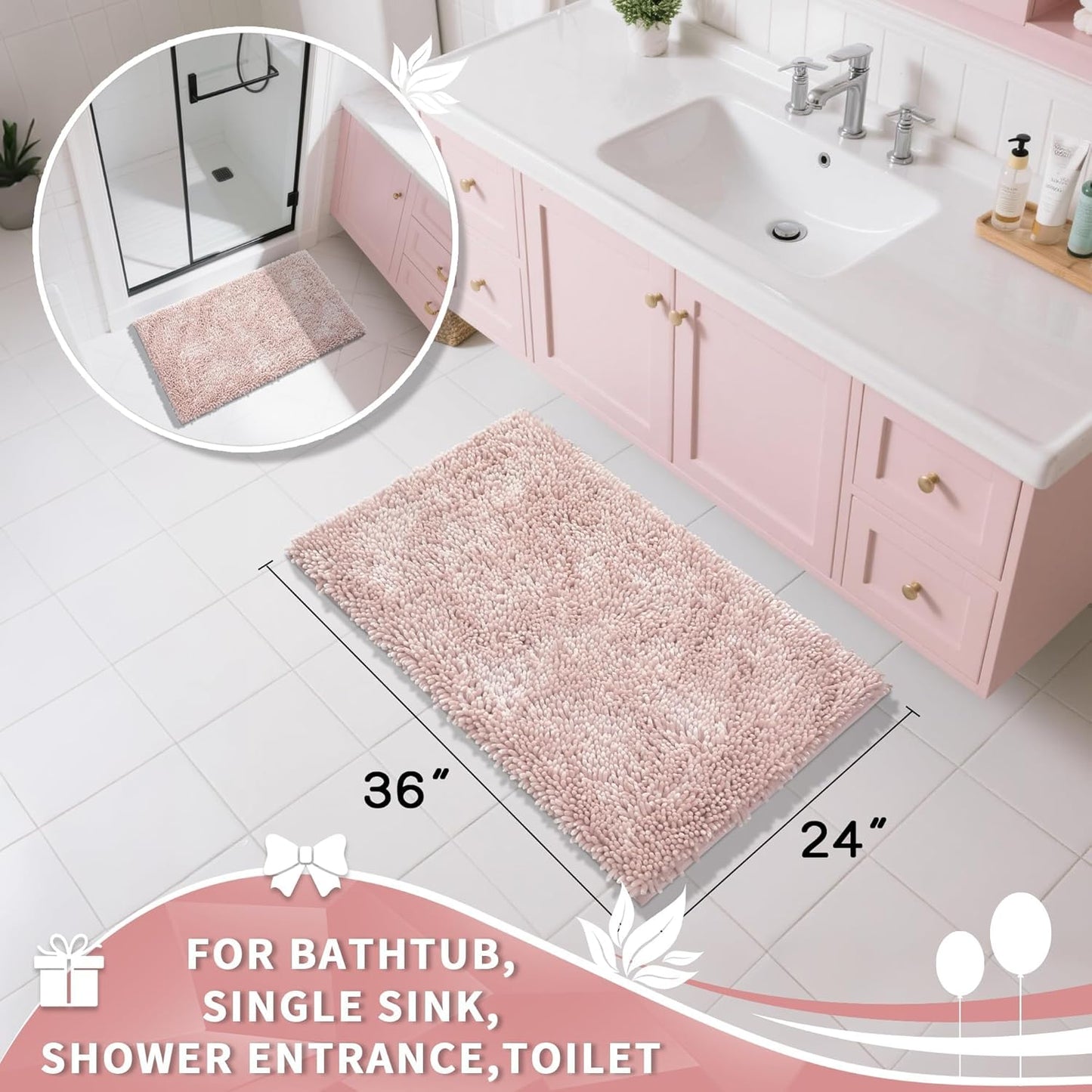 Yimobra Large Bathroom Rug Non Slip 36x24 Inch, Extra Thick Soft Absorbent Chenille Bath Mat, Machine Washable Quick Dry Bath Rugs for Bathroom Floor, Tub and Shower, Home Decor Accessories, Pink