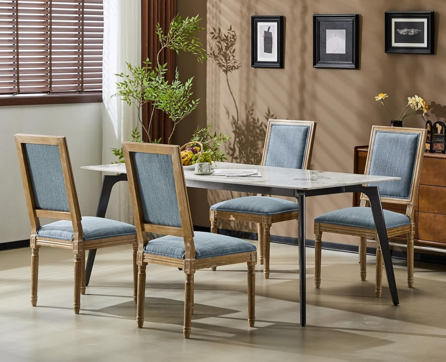 Merax Upholstered Solid Wood Dining Chairs Set of 4, French Country Style Accent Side Seating Furniture for Kitchen, Living Room, Cushioned Back, Slate Blue