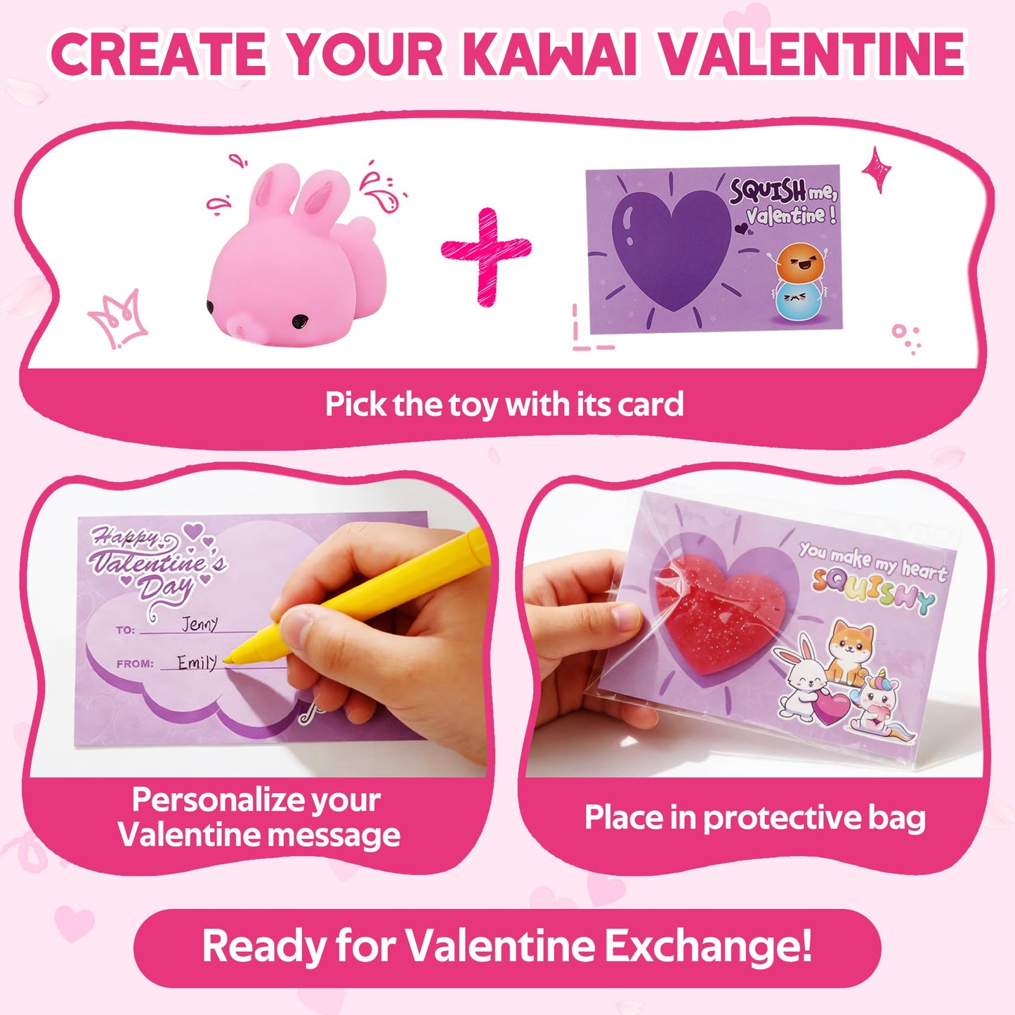 28 Pack Valentine’s Day Cards with Mochi Squishy Toys for Kids, Cute Kawaii Squishies School Classroom Valentine Exchange Set, Valentines Party Favors and Greeting Cards