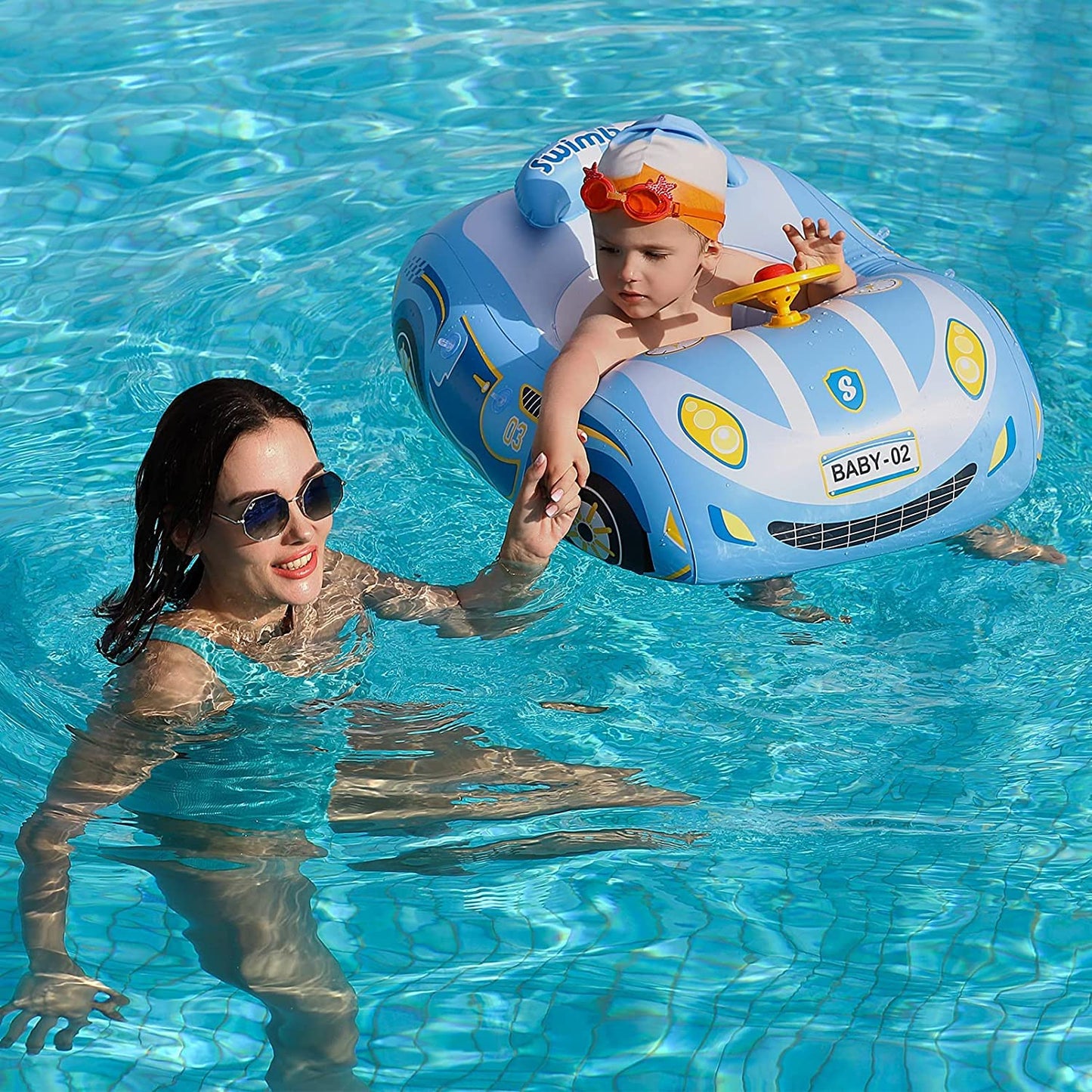 Baby Pool Float with Canopy, PVC Baby Swim Float with Sun Shade Cover, 3D Car Toddler Pool Float Swimming Floats Seat Boat for 12-18, 12-24 Months, Age 2-3, 3+ Years (Blue Canopy)