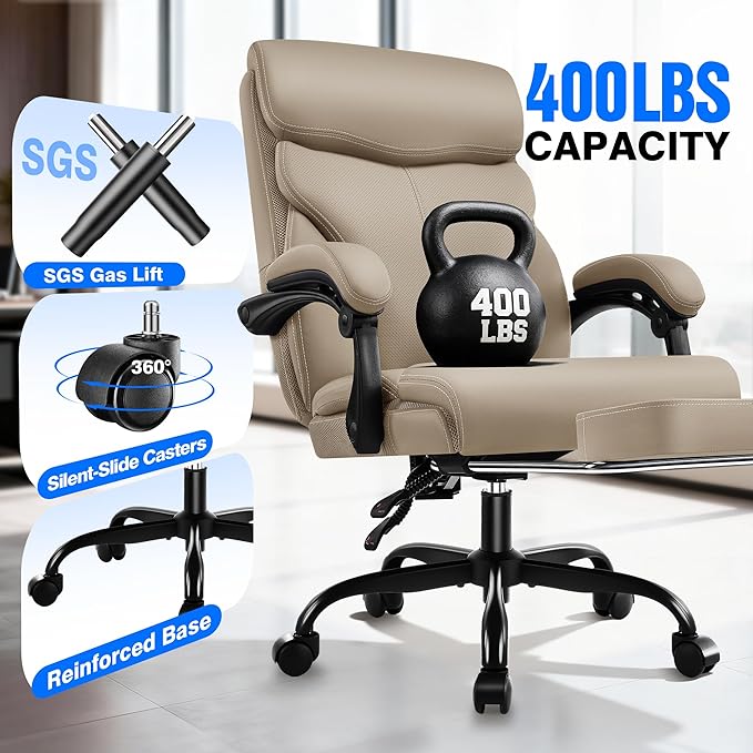 Office Chair - Ergonomic Comfortable High Back Computer Desk Chair with Foot Rest - Executive Breathable Swivel Rolling Reclining Leather Chair with Lumbar Support for Home Gaming Relaxing