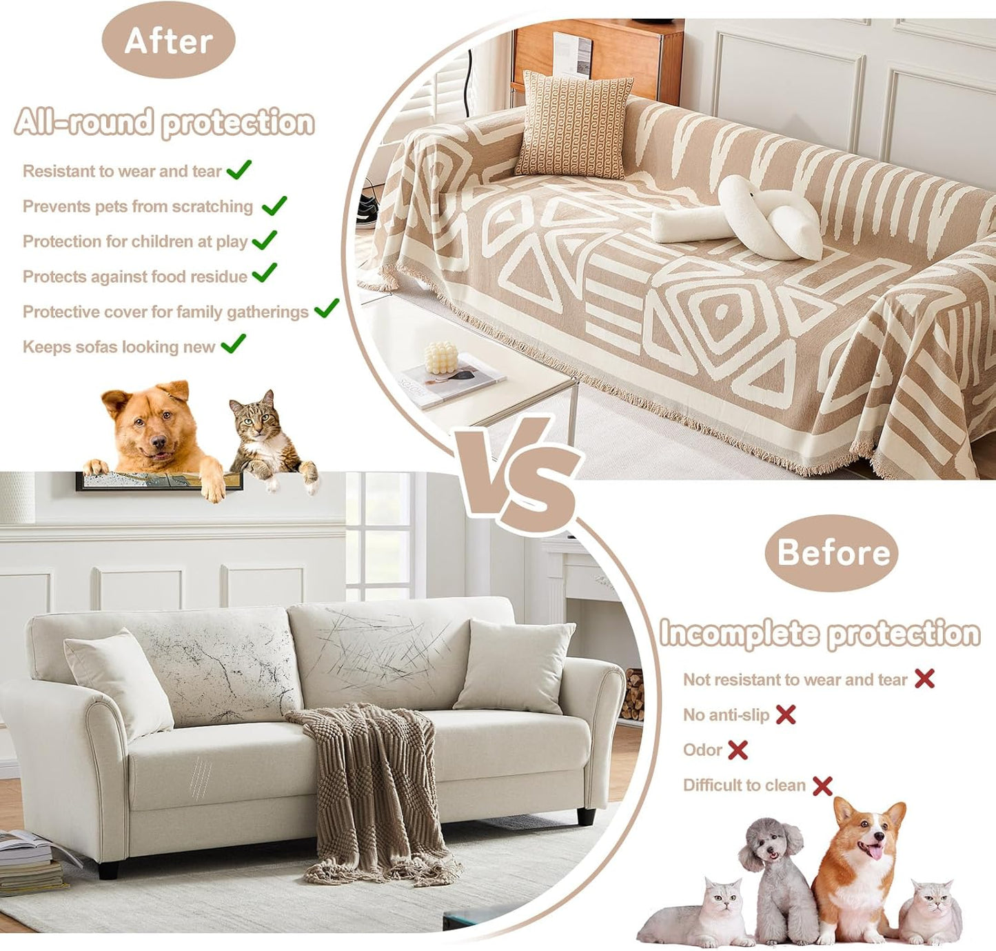 HANDONTIME Sofa Covers Armchair Boho Couch Cover for Dogs Khaki Throw Couch Cover with Tassel Chair Recliner Futon Cover Washable 1 Cushion Couch Non Slip Chenille Couch Protector, 71" X71"