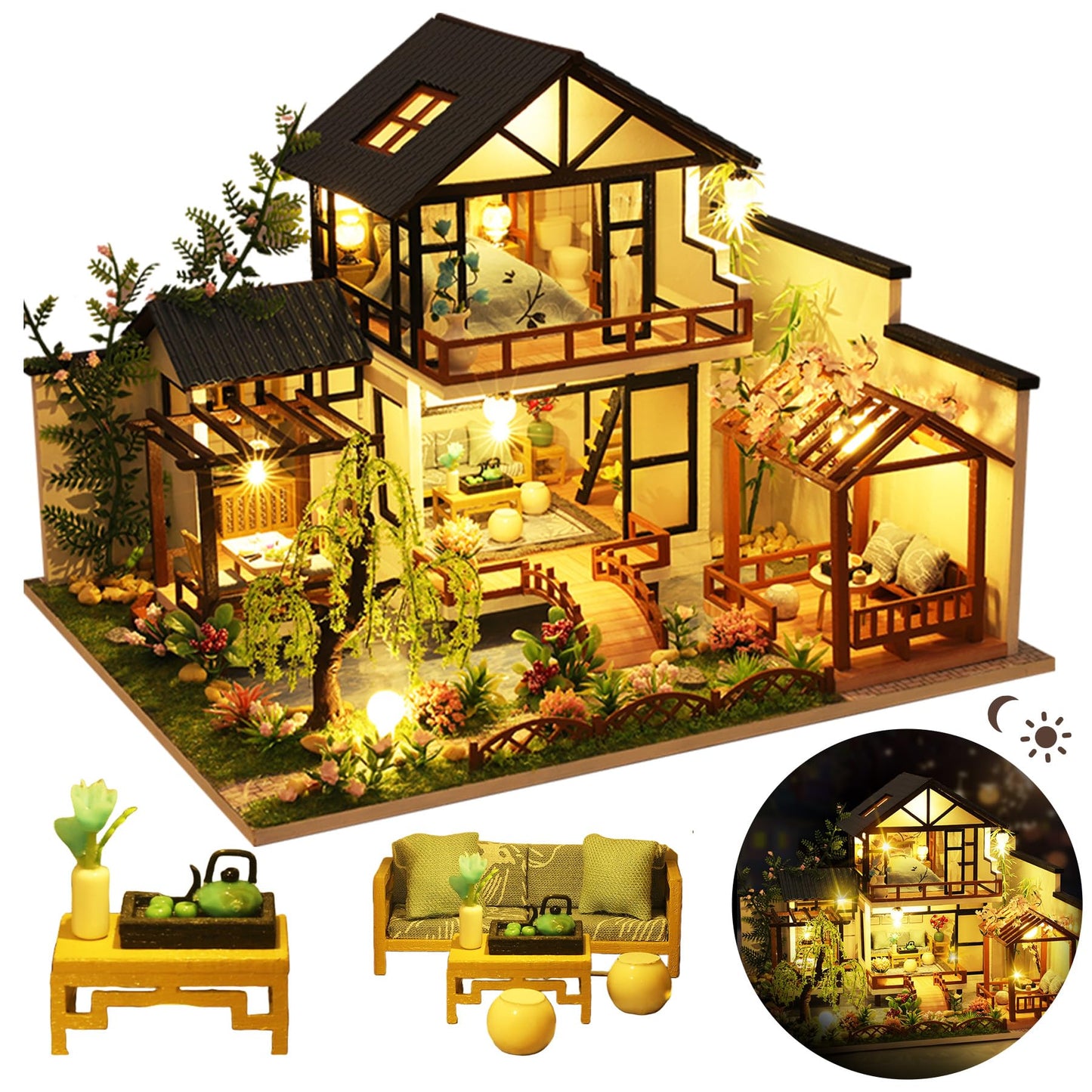 DIY Miniature House Kit, DIY Dollhouse Kit for Adults to Build, Mini House Kit with LED, Model Building Diorama Kits, Ideal Gifts for Birthday, Valentine Christmas(Janpanese House)