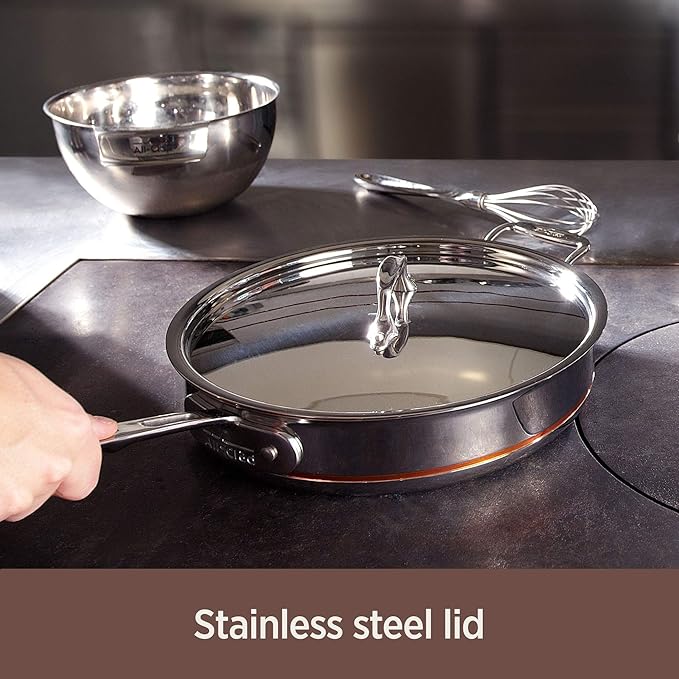 All-Clad Copper Core 5-Ply Stainless Steel Sauté Pan with Steel Lid 5 Quart Induction Oven Broiler Safe 600F Pots and Pans, Cookware Silver