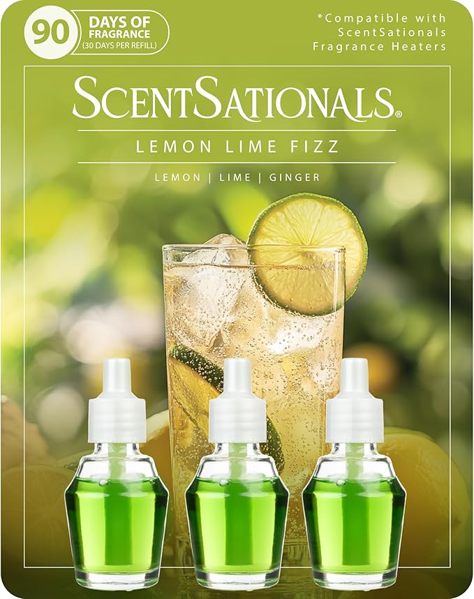 Scentsationals Fragrance Oil Plug In Air Freshener Refills 3-Pack - Lemon Lime Fizz - Works with Scentsationals Wall Plugs, Long-Lasting Home Fragrance, 0.8 fl oz Each, Packaging May Vary