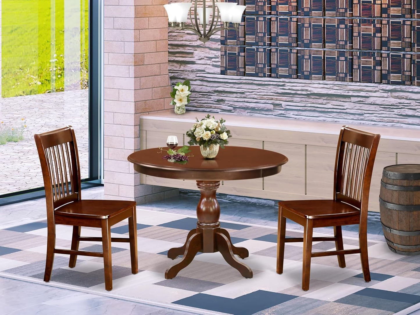 East West Furniture HBNF3-MAH-W 3 Piece Dining Set Contains a Round Dining Room Table with Pedestal and 2 Wood Seat Chairs, 42x42 Inch, Mahogany