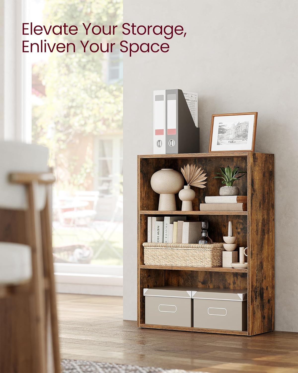 VASAGLE CUSTOS Collection - Bookshelf, 3-Tier Bookcase, Book Shelf, Open Storage Shelf, 9.4 x 23.6 x 32 Inches, for Living Room, Home Office, Dinning Room, Rustic Brown ULBC163X01