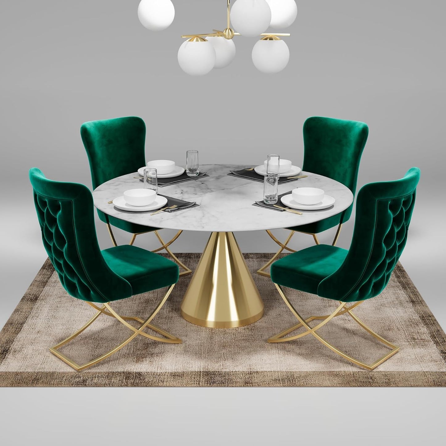 Ottomanson Royal Dining Chairs Set of 4 – Upholstered Tufted Microfiber, Assembled, Gold Metal Legs, Beech Wood Frame, 350 lb Capacity, Green