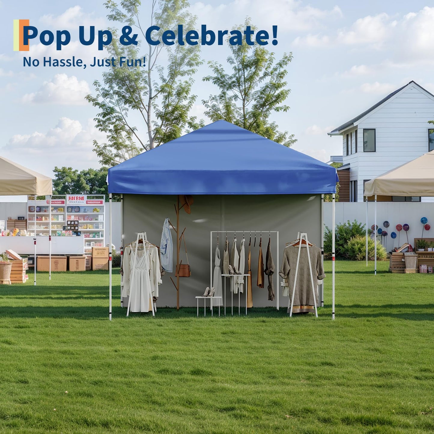 GarveeLife 10x10 Pop Up Canopy with 4Pcs Sidewalls Easy Up Camping Tent with One Button Push Setup 1 Roller Bag 3 Adjustable Height 4 Weight Bags (Blue)