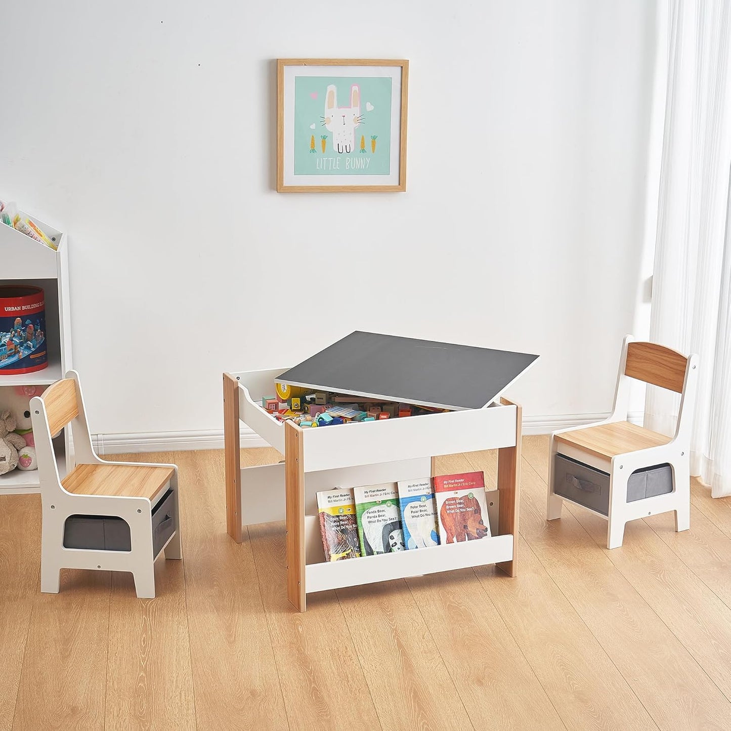 Asweets Kids Table and Chair Set,4 in 1 Toddler Desk with Storage Drawer,Wooden Activity Table for 2 in 1 Detachable Tabletop,Bookshelf,Suitable for Classroom,Home,Nursery,Playroom (Ivory White)
