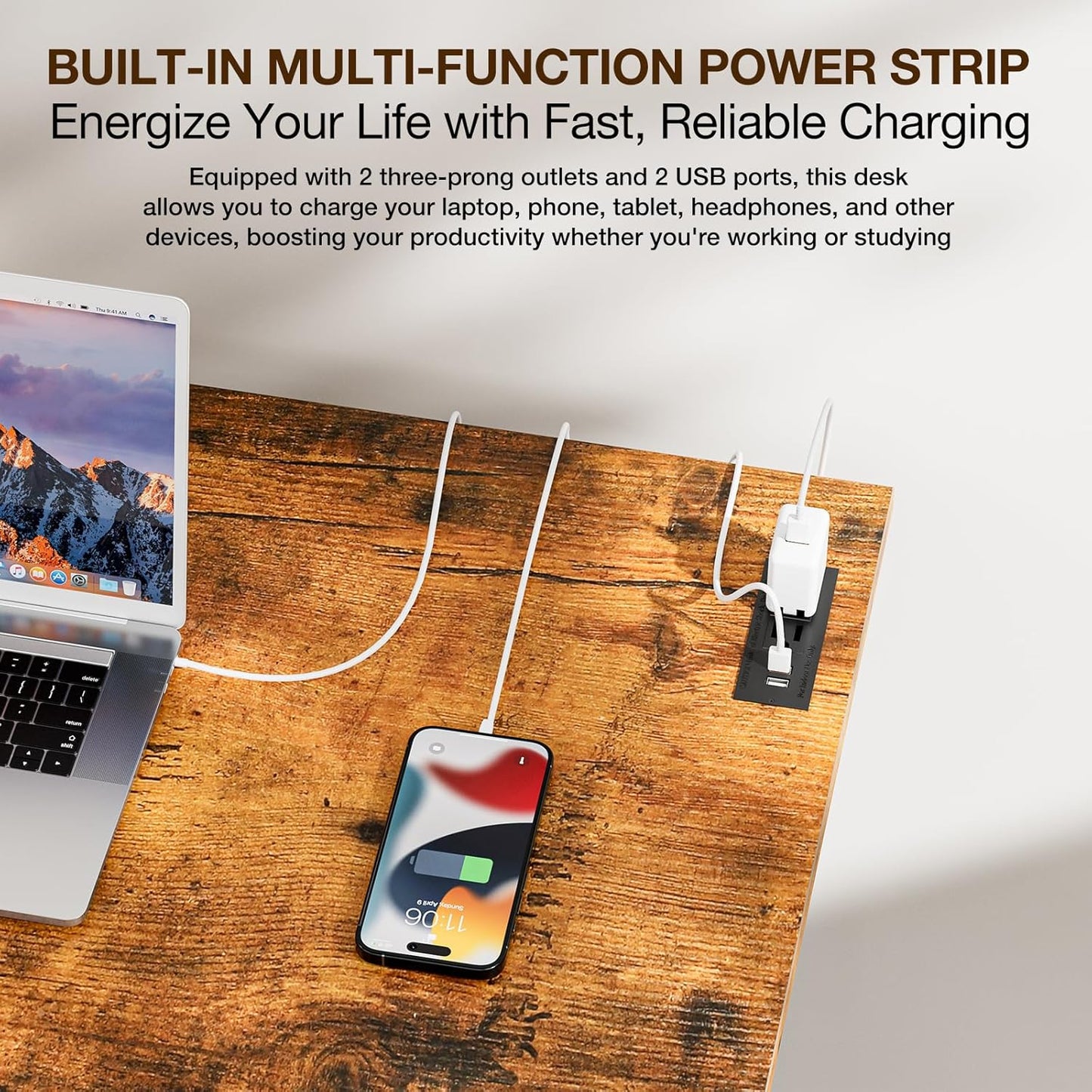 TEMI Small Computer Desk Folding Table - No Assembly, Compact 44.3" Foldable Desk with Power Outlets & USB Charging Port, Portable Small Office Desk, Ideal Mini Study Table for Narrow Spaces, Brown