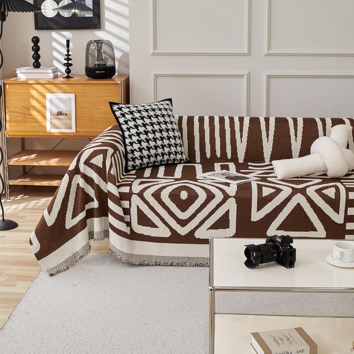 HANDONTIME Chocolate Boho Couch Cover Reversible Sofa Covers for 3 Cushion Couch Washable Sofa Cover for Dogs Boho Couches Covers Chenille Couch Protector Couch Covers for Sofa, 71" X134"