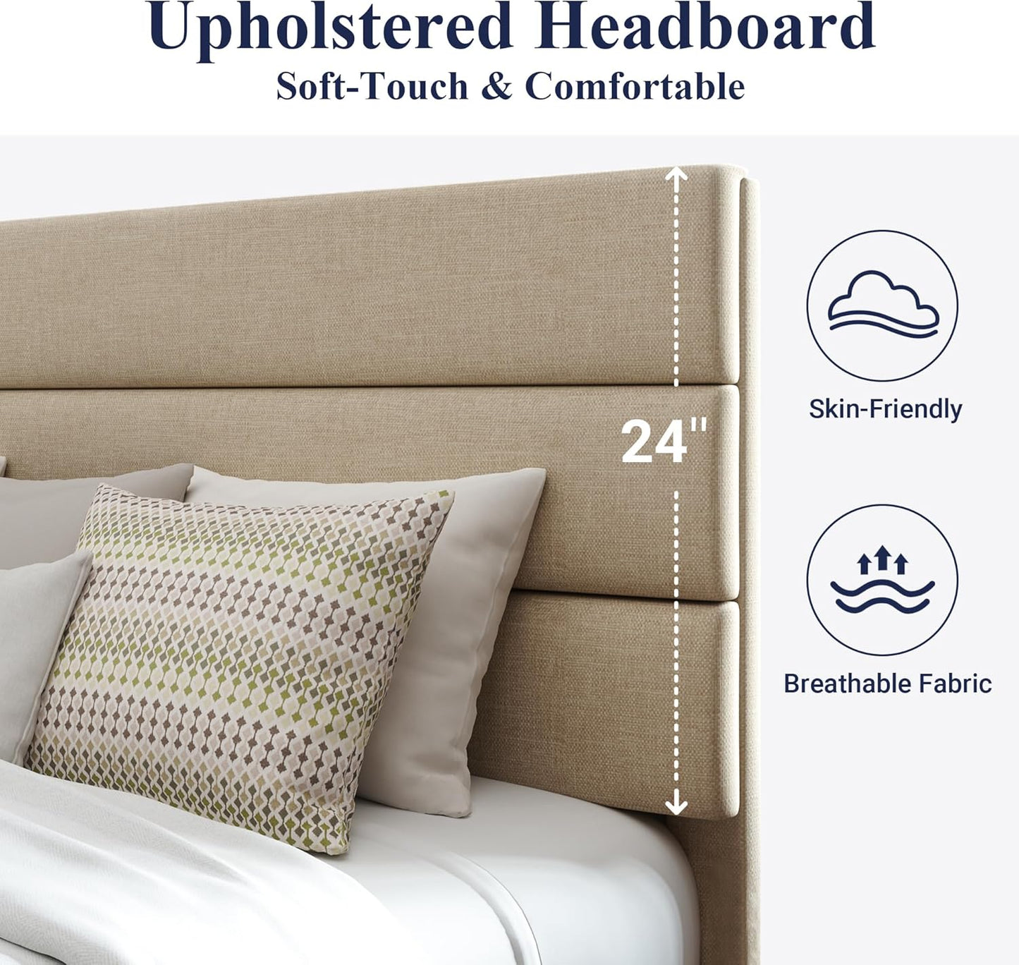Allewie Full Size Platform Bed Frame with Fabric Upholstered Headboard and Wooden Slats Support, Fully Upholstered Mattress Foundation/No Box Spring Needed/Easy Assembly, Beige