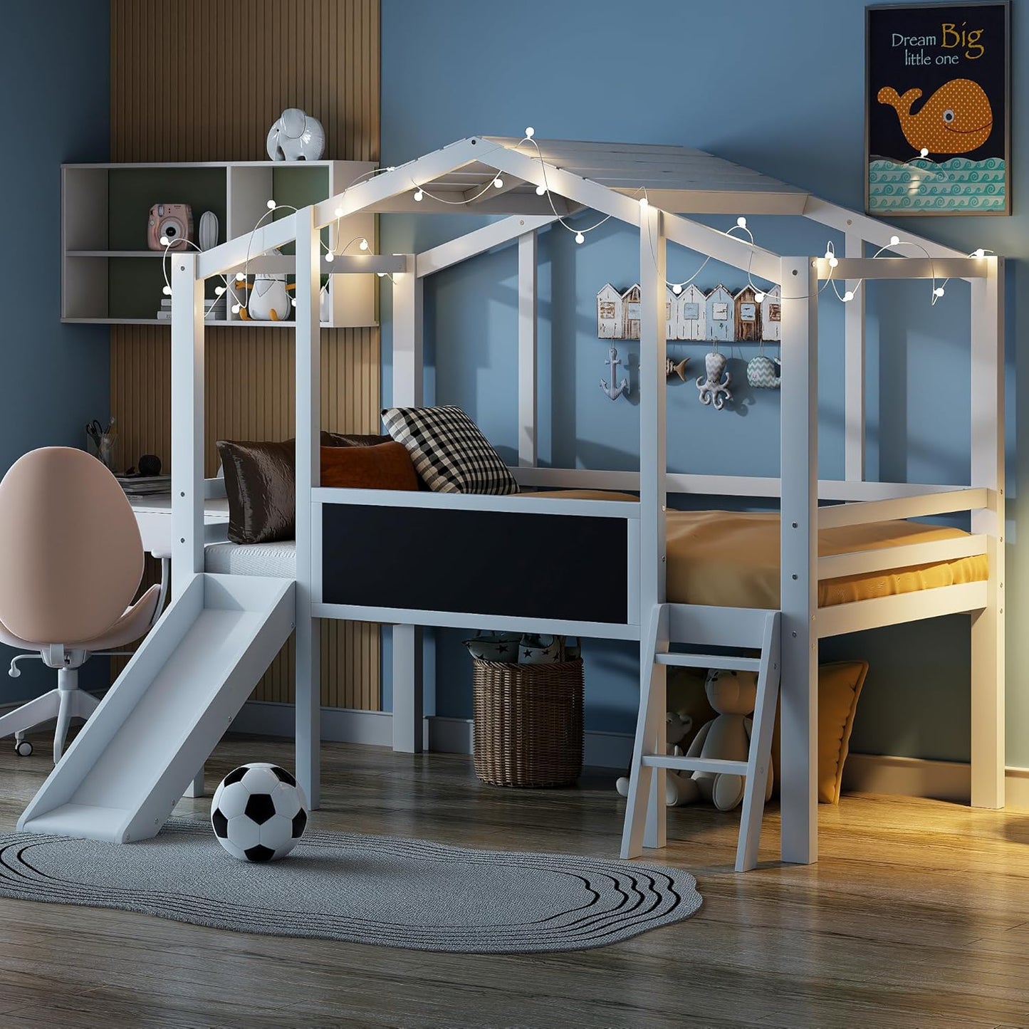 Ball & Cast Twin Size House Loft Bed with Ladder and Slide,Wood Bunkbed w/Blackboard and Light Strip on The Roof,Slat Support,Space Saving,Bedroom Furniture for Student Dorms,White