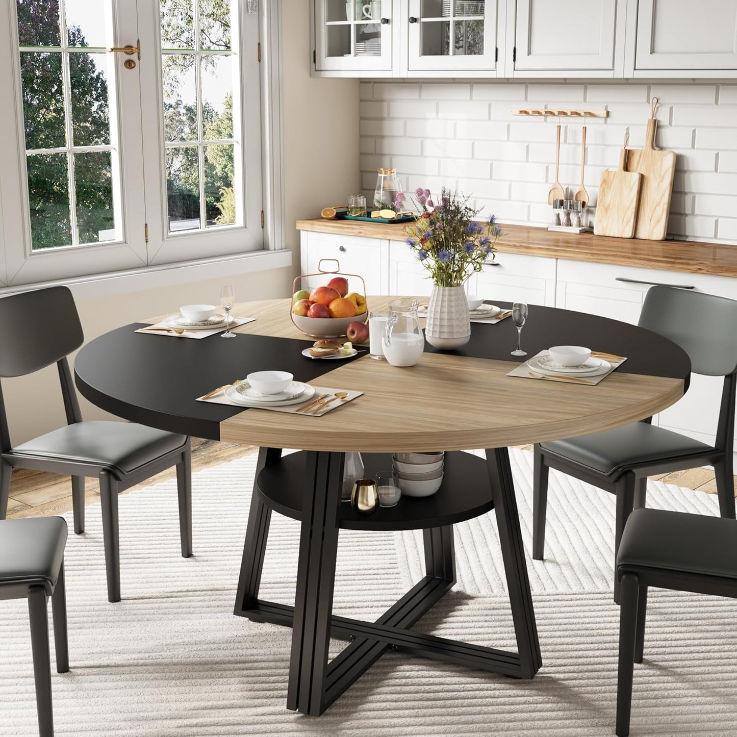 GarveeHome Round Dining Table for 4-6, 47.2" Farmhouse Kitchen Table with Storage, Circle Dinner Tables for Kitchen, Dining Room, Living Room, Meeting Room, Apartment, Natural and Black
