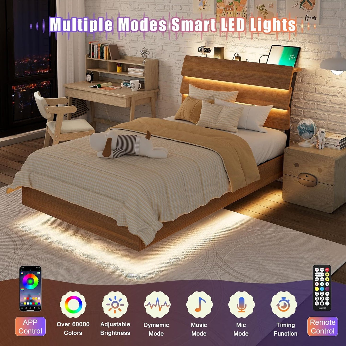Feonase Floating Bed Frame Twin with Led Lights and Charging Station, Wood Full Size Bed Frame with Storage Headboard, Heavy Duty Metal Slats, No Box Spring Needed, Easy Assembly,Walnut