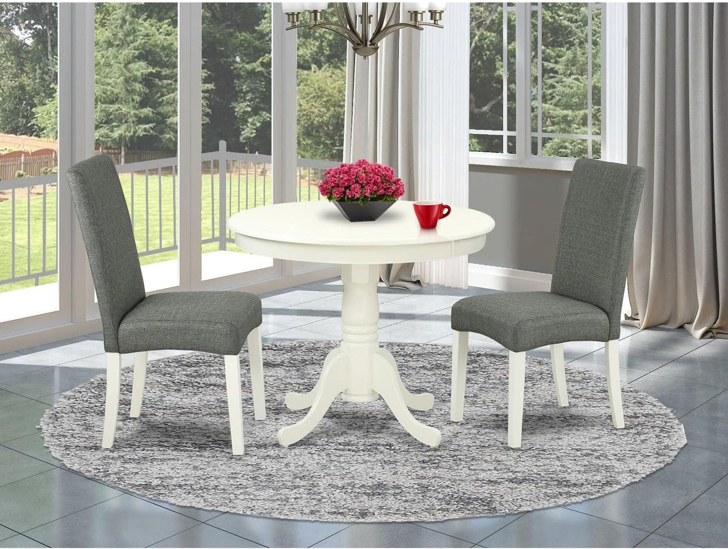 East West Furniture ANDR3-LWH-07 3 Piece Modern Dining Table Set Contains a Round Kitchen Table with Pedestal and 2 Gray Linen Fabric Parsons Dining Chairs, 36x36 Inch, Linen White