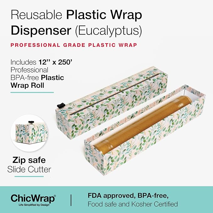 ChicWrap Eucalyptus Refillable Plastic Wrap Dispenser - One 12" x 250' Roll of Professional Grade Plastic Wrap - BPA Free and Kosher Certified - Reusable Dispenser w/Slide Cutter