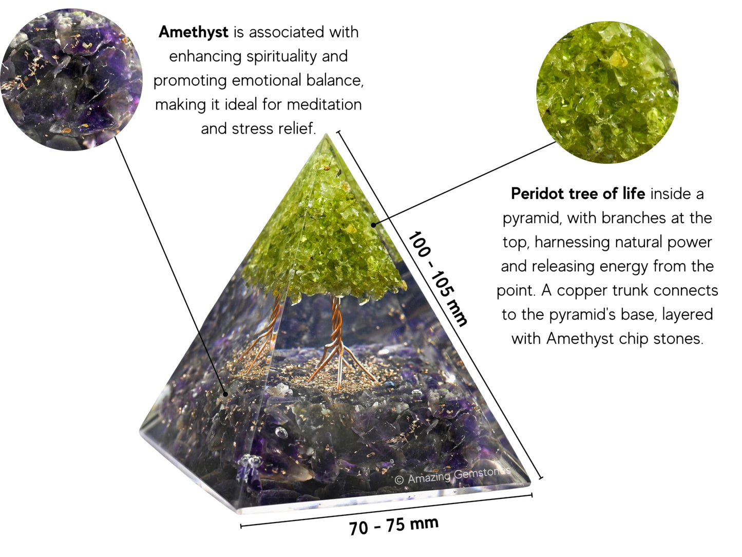 Amazing Gemstone Organite Orgone Pyramid Extra Large 105 MM - Orgone Energy Pyramid with Amethyst Crystals, Peridot Tree and Healing Stone - Orgonite Pyramids Crystals and Positive Energy
