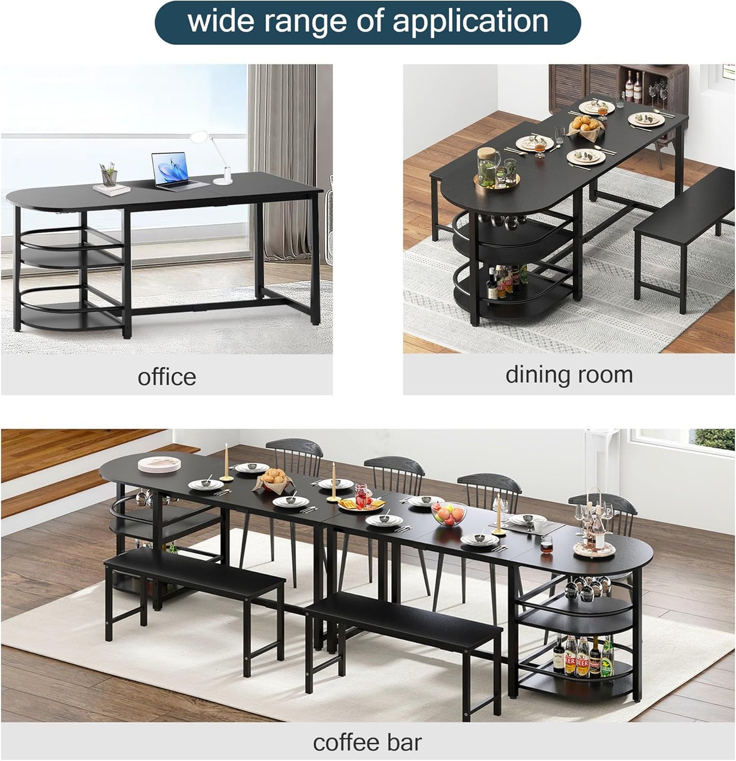 soges Dining Table for 4-6 Person, 71 inch Long Kitchen Dining Table for Living Room and Dining Room, Dinner Table with Storage Shelf & Cup Holder, Metal Legs(Only Table), Black