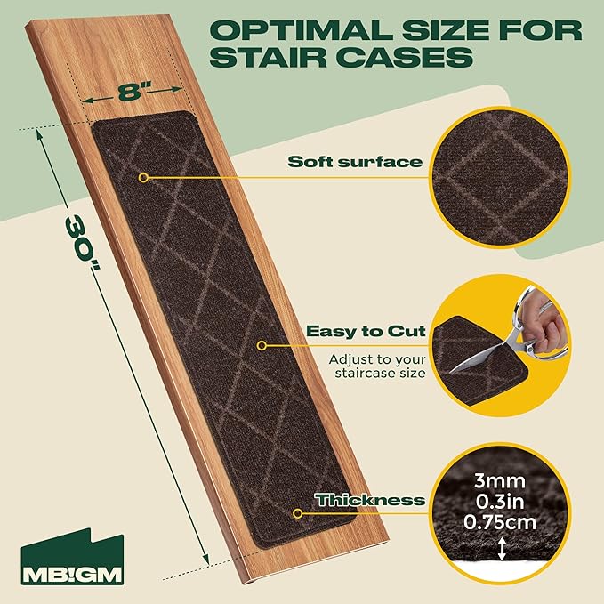 MBIGM 8" X 30" (15 in Pack) Non-Slip Carpet Stair Treads Non-Skid Safety Rug Slip Resistant Indoor Runner for Kids Elders & Pets with Reusable Adhesive - Brown Diamond Weave