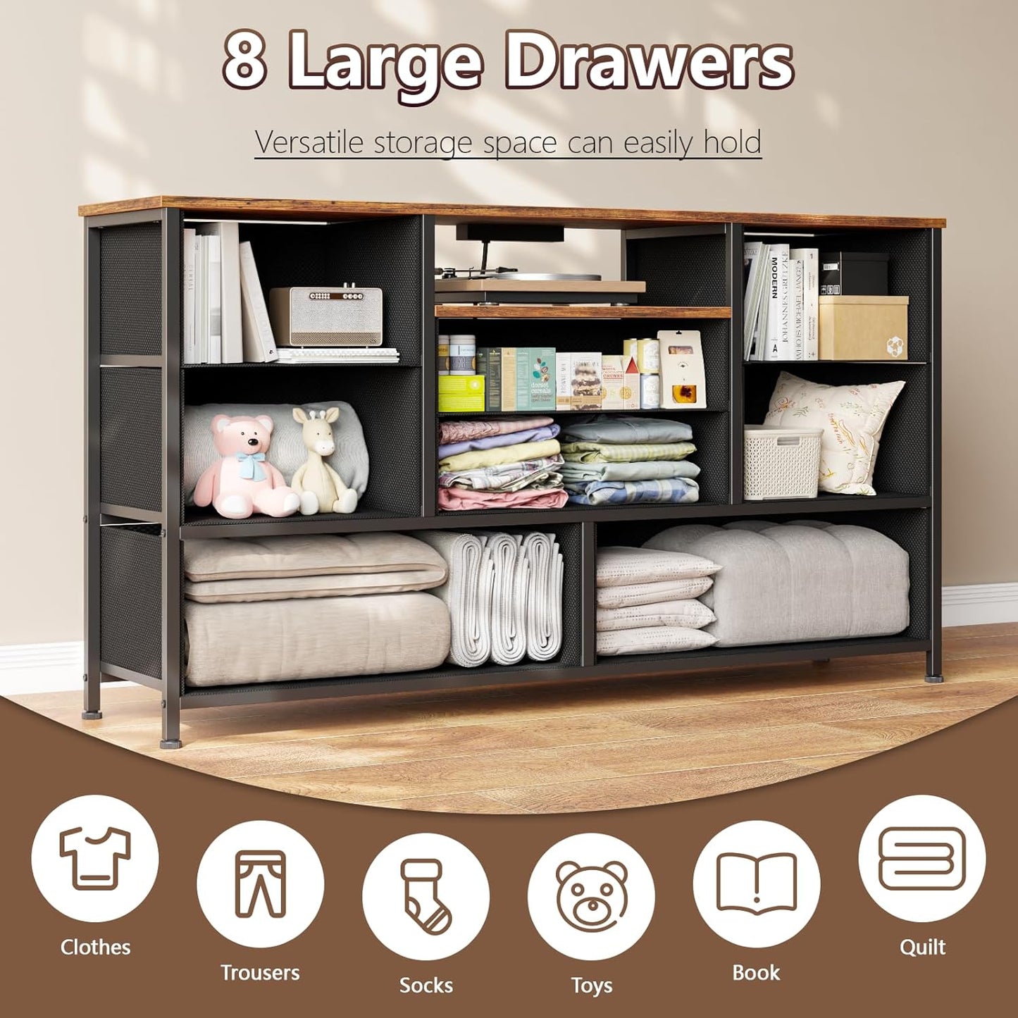 Furnulem Bedroom Dresser TV Stand with 8 Drawers, Long Chest of Drawers with Power Outlets Wood Desk Top - for Closet, Living Room Wide Storage Fabric Bins, Industrial Furniture (Rustic Brown)