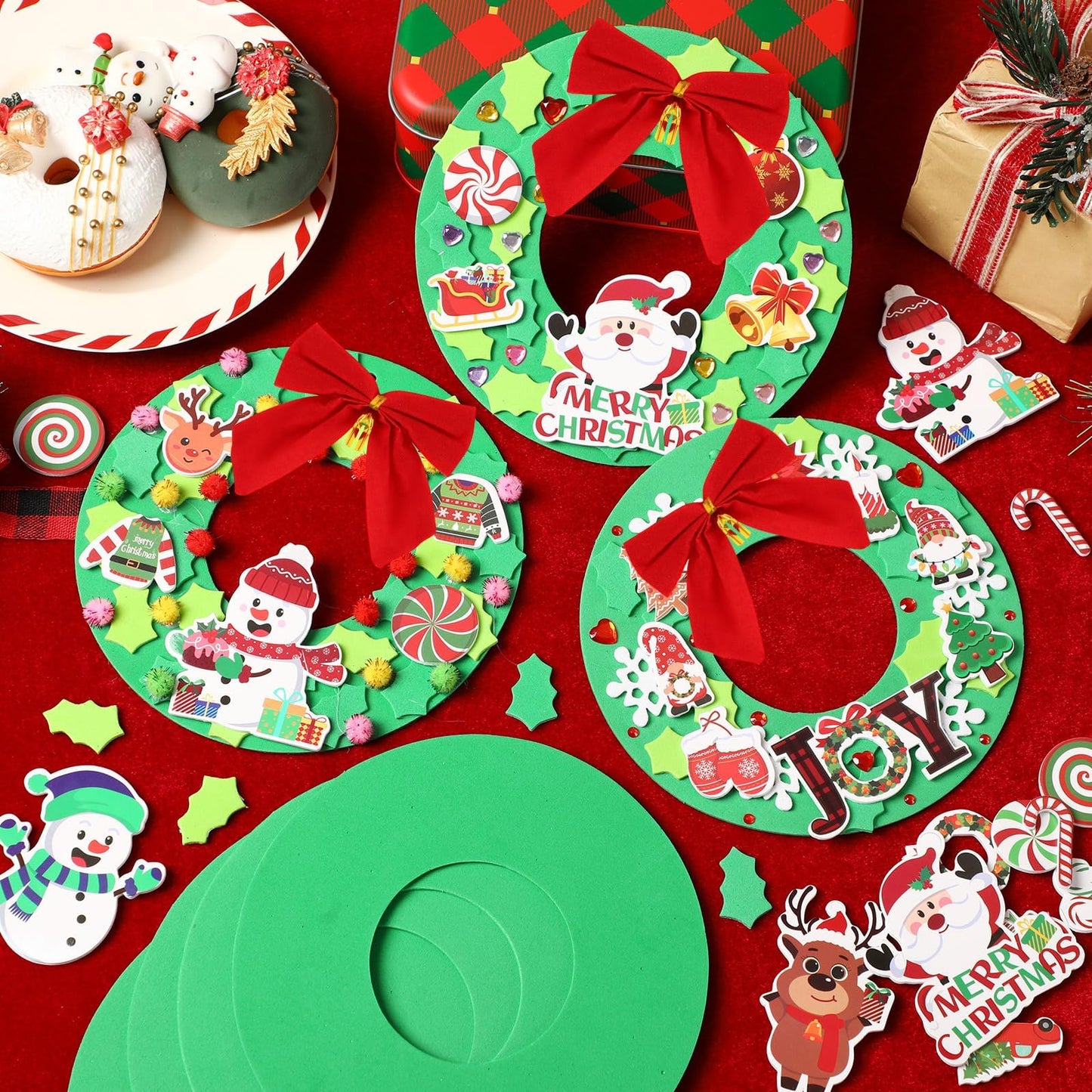 BOARDFEB 12 Sets Christmas Crafts Kits DIY Christmas Foam Wreath Crafts Winter Ornaments for Snowman Santa Penguin Snowflake Foam Stickers Xmas Holiday Home Classroom Activities Decoration