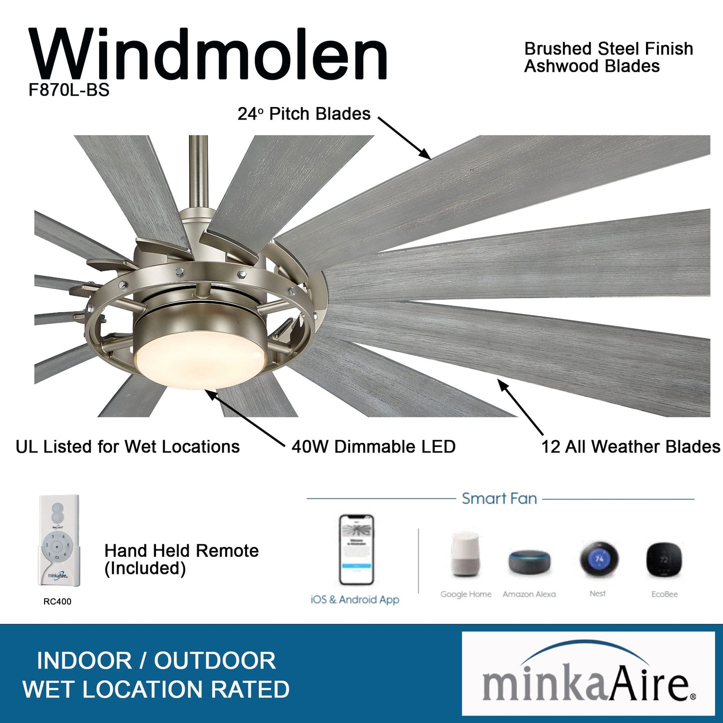 Minka Aire F870L-Bs Windmolen 65 Outdoor Ceiling Fan With Led Light And Remote Control, Brushed Steel