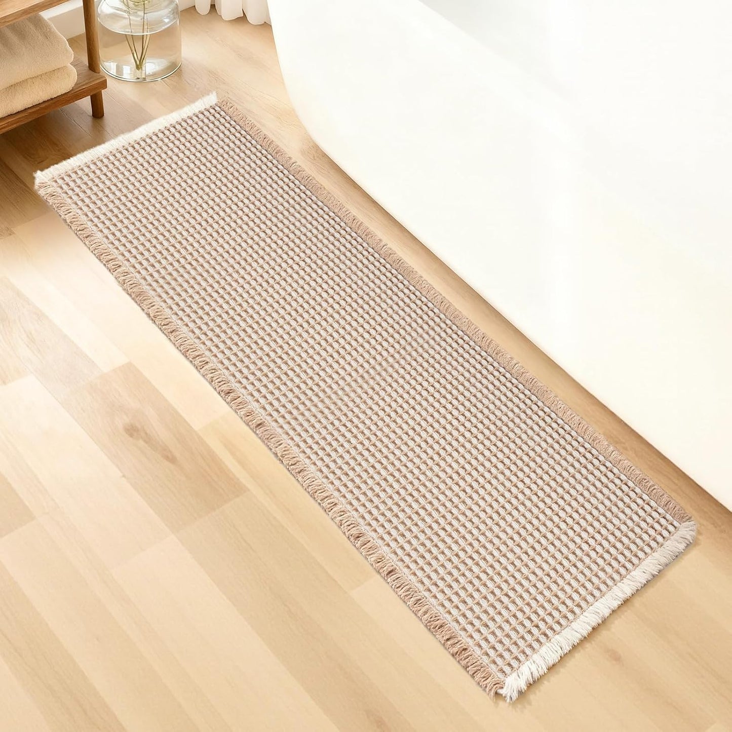 ArtyCozy Waffle Bath Mat, Super Absorbent Soft Non-Slip Boho Bath Rugs with Flat-Woven Hot Glue Backing for Bathroom, Machine Washable Bath Mats, 24" × 72", Brown & White
