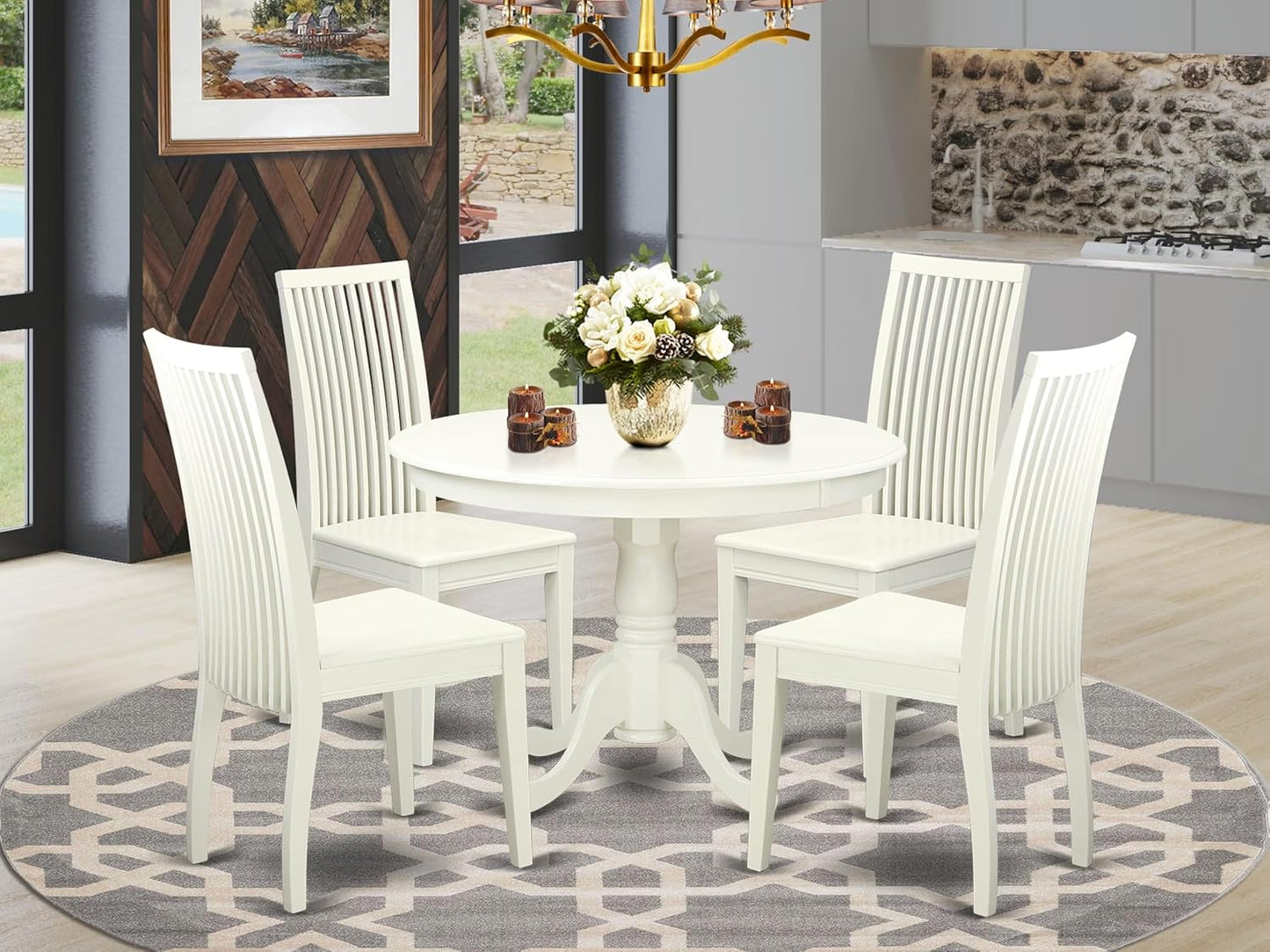 East West Furniture HLIP5-LWH-W 5 Piece Kitchen Table Set for 4 Includes a Round Dining Table with Pedestal and 4 Dining Room Chairs, 42x42 Inch, Linen White