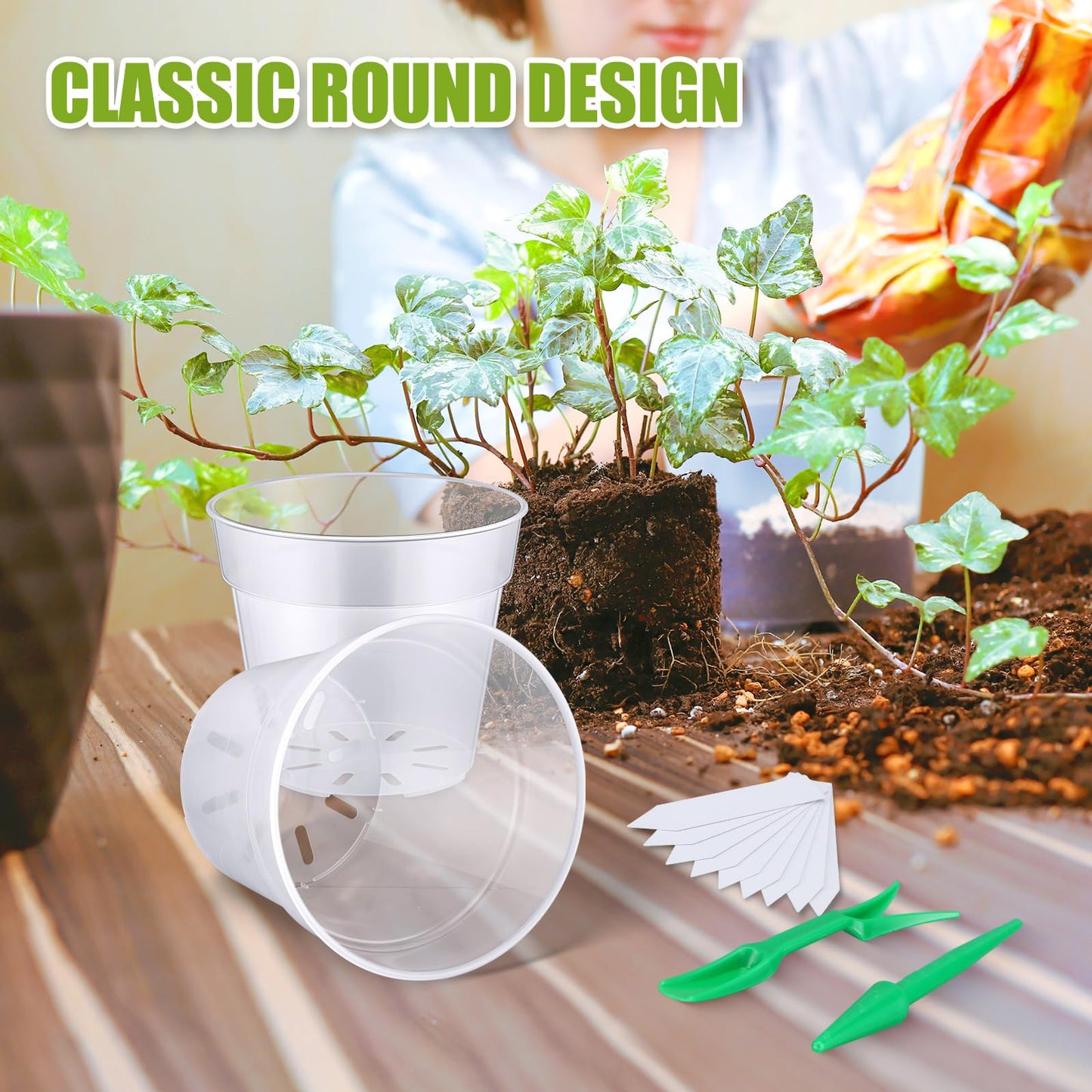 Domensi 14 Pack Large Clear Nursery Pots with Drainage 4/5/6/7/8/9/10 Inch Clear Plastic Plant Pots with Saucers Variety Flower Pot with 20 Plant Labels 2 Garden Tools for Planting Seed