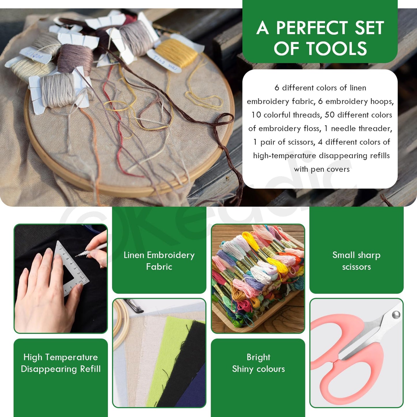 Keadic 78Pcs Embroidery Beginner Kit Contains 6 Colors Embroidery Fabric, Sewing Maker Pens, 50 Rainbow Colors Embroidery Thread, Circle Cross Stitch Hoop Rings, Cutter and Needles for Crafting