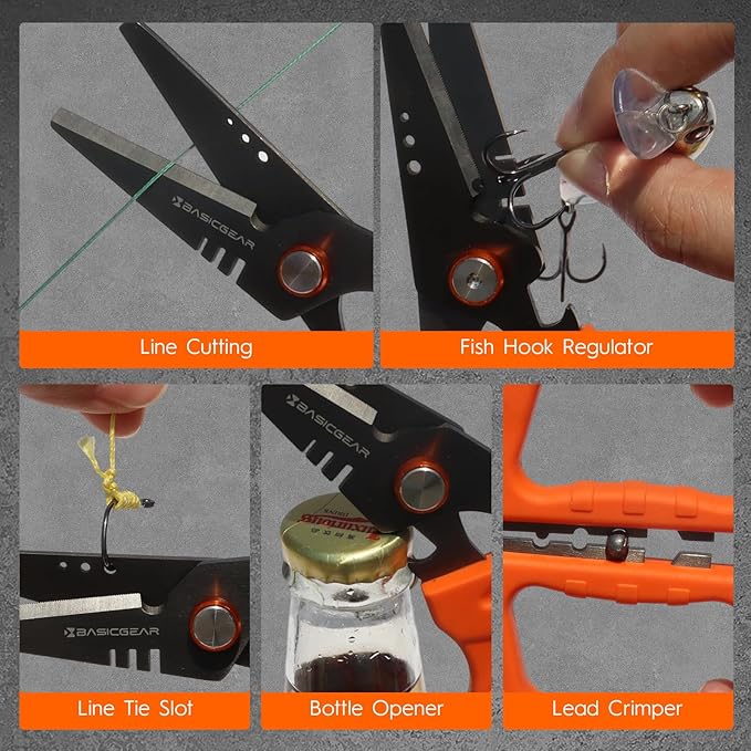 BasicGear Fishing Multi-Tool Scissors – Titanium-Coated, Stainless Steel, Multi-Tool Cutter with Hook Adjuster, Screwdriver, Bottle Opener, Sheath & Non-Slip Grip for Saltwater or Freshwater Use