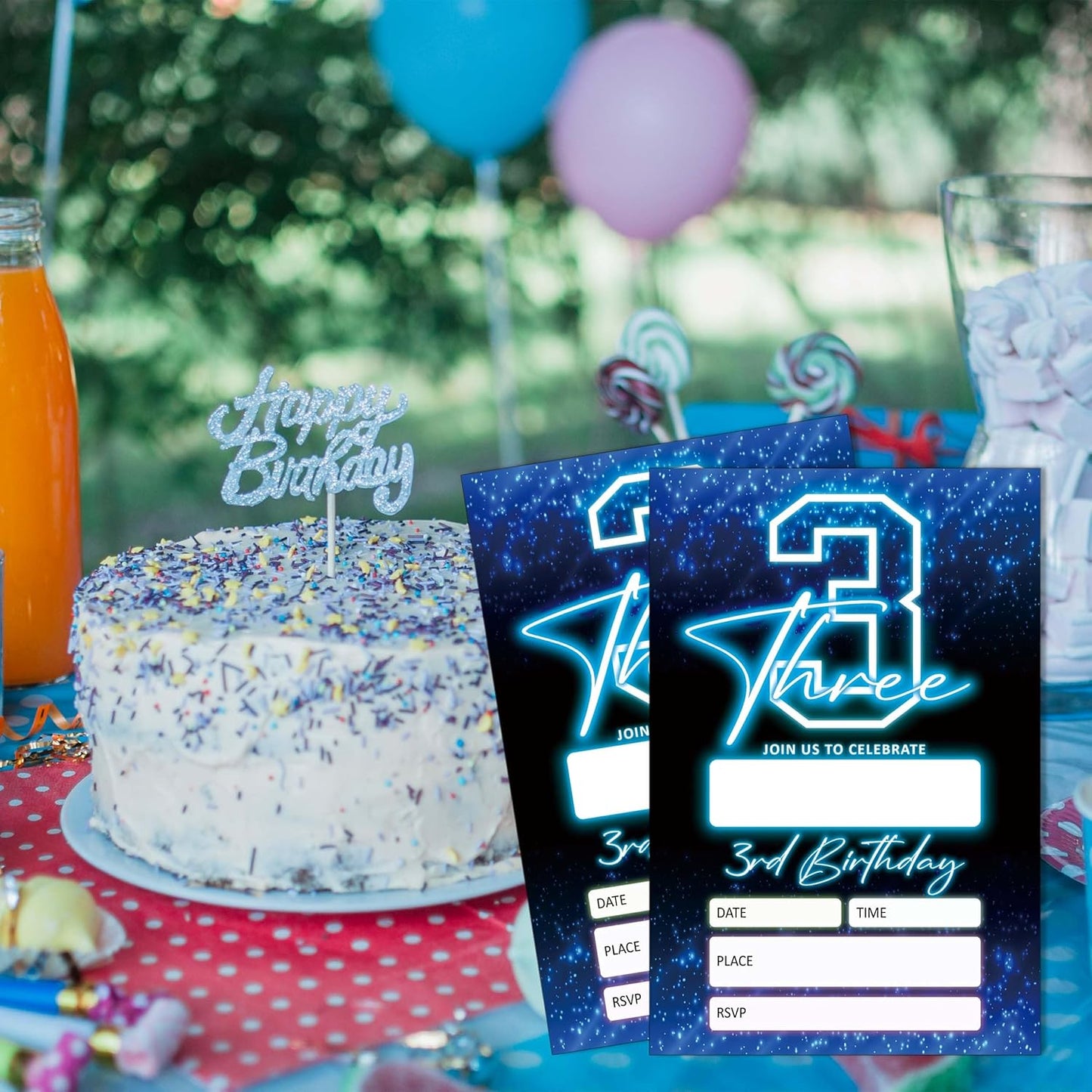 SIXEIGHT Blue 3rd Birthday Invitations for Boys, Neon Glow Party Invitations for Girls Kids, 20 Pack Double Sided Invite Cards with Envelopes, 3rd Glow Neon Birthday Party Decorations, 4x6 Inch-C03