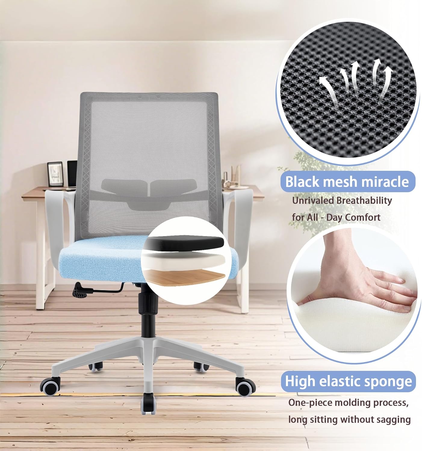 Office Chair ergonomically Designed with Breathable mesh backrest and Lumbar Support Adjustable Height Suitable for Offices Homes bedrooms Study Rooms Blue