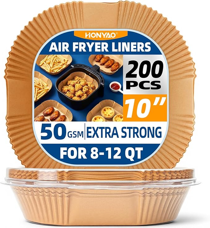 HONYAO Air Fryer Paper Liners 10 inch XXXL for 8-12 Qt Airfryer, 200pcs inch Square Thickened Disposable