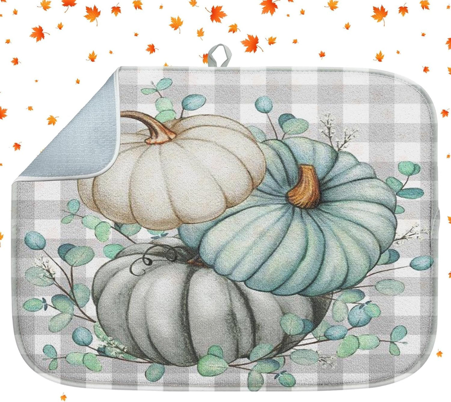 Sanwarm Absorbent Dish Drying Mat, Autumn Watercolor Pumpkin Microfiber Pad for Kitchen Counter, Fall Plaid for Coffee Bar Decor, Heat Resistant and Reversible, 16" x 18"