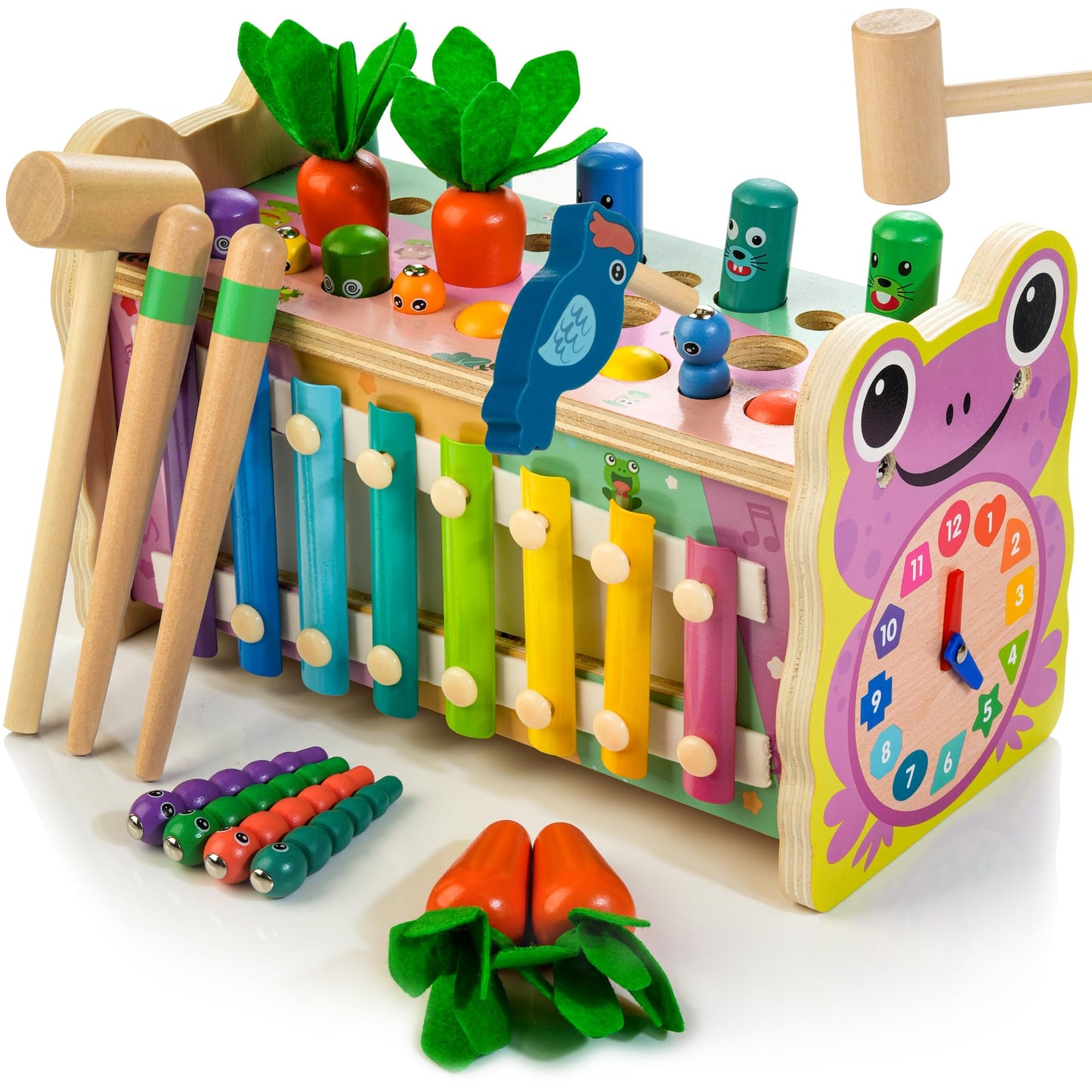 Amtreen 6-in-1 Wooden Montessori Toys for 1 Year Old, Mole-Tapping Game | Play the Xylophone | Frog Clock | Carrot Harvest Game | Spinning Gear, Baby Girls Toy Birthday Gift Early Learning