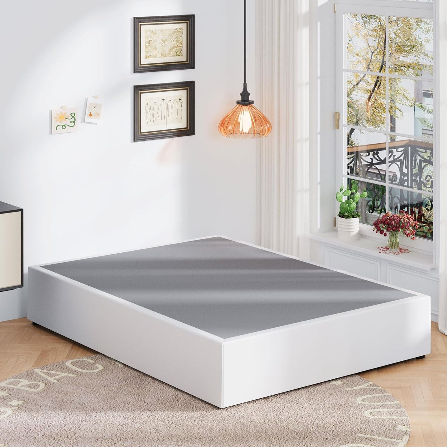 16 Inch Queen Bed Frame with White Skirt Cover, Metal Bed Frame Queen Size with Storage, No Box Spring Needed, Heavy Duty, Easy Assembly, Noise Free, Mattress Foundation