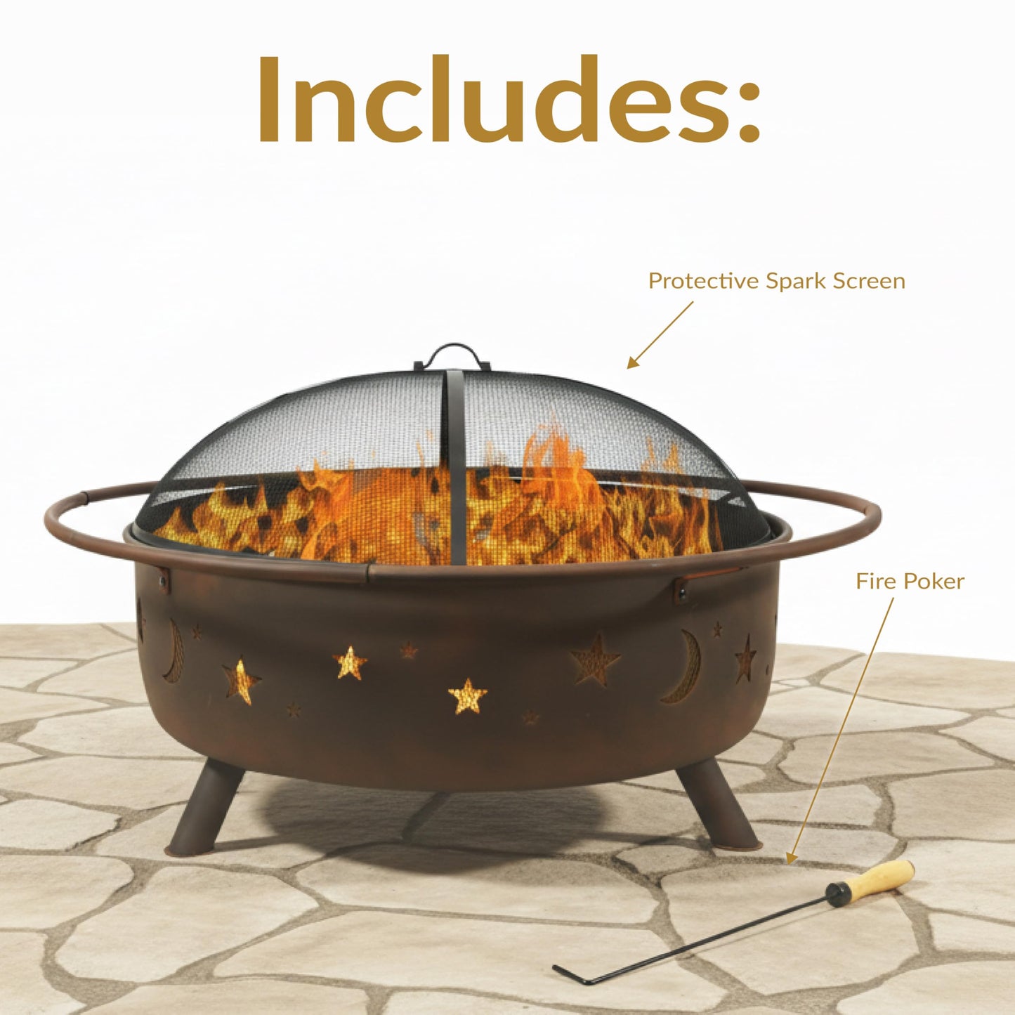 Sunnydaze Cosmic 42-Inch Large Outdoor Fire Pit - Wood-Burning Fire Pit with Round Spark Screen, Poker, and Built-in Grate