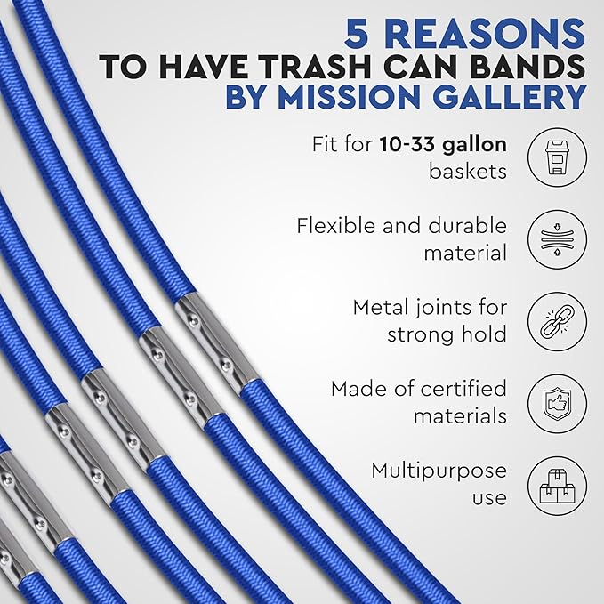 Trash Can Rubber Bands Set of 6 - Elastic Garbage Can Bands with Metal Connector, Fits 13 to 33 Gallon Trash Bags - Gripper Trash Can Bands for Waste Baskets, Blue