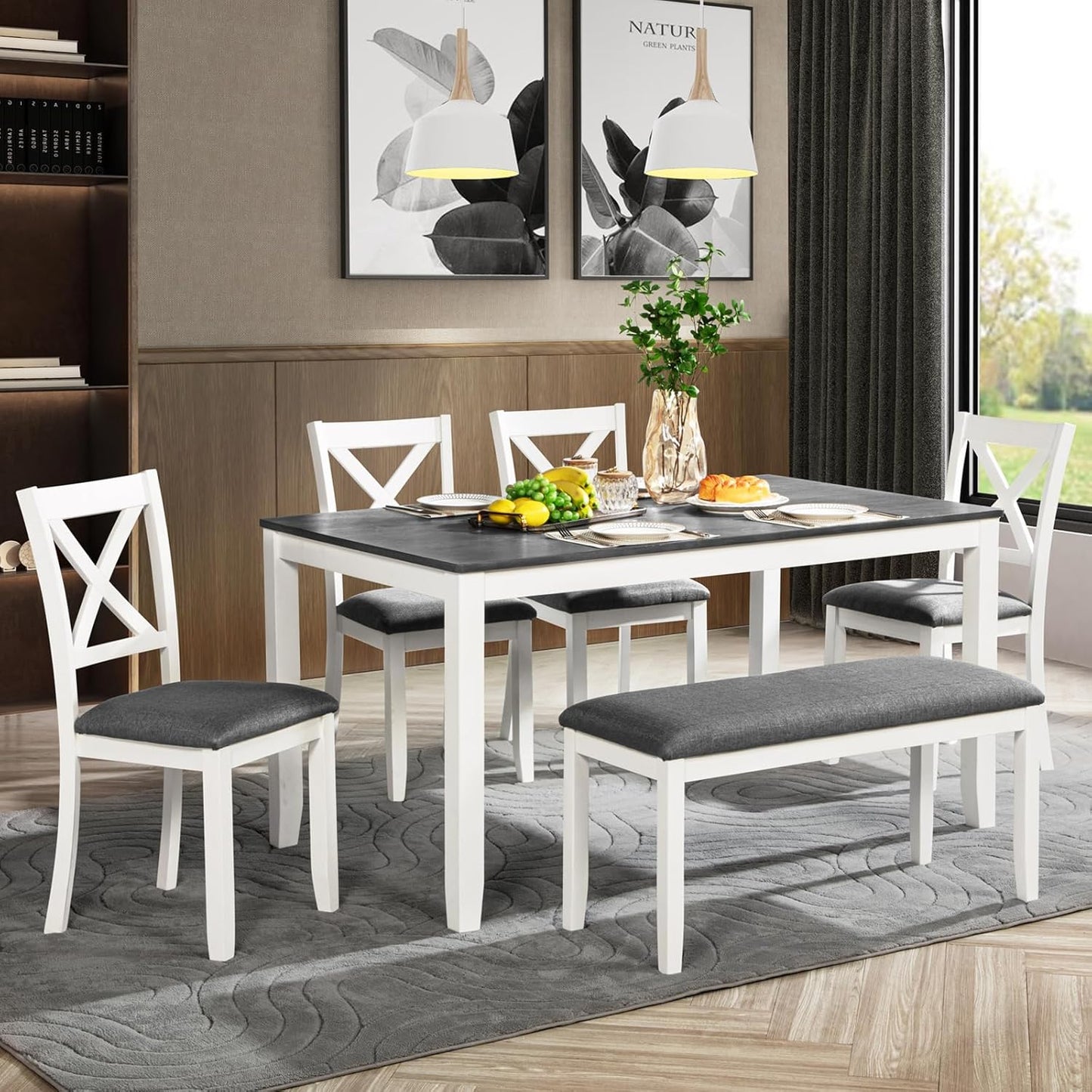 KEIKI 6-Piece Standard Height Dining Table Set with Rectangular Table, 4 Upholstered Chair, Bench, for 6 Person, Modern Style Wooden Table Set, Easy Assembly, for Kitchen, Dining Room, White+Gray