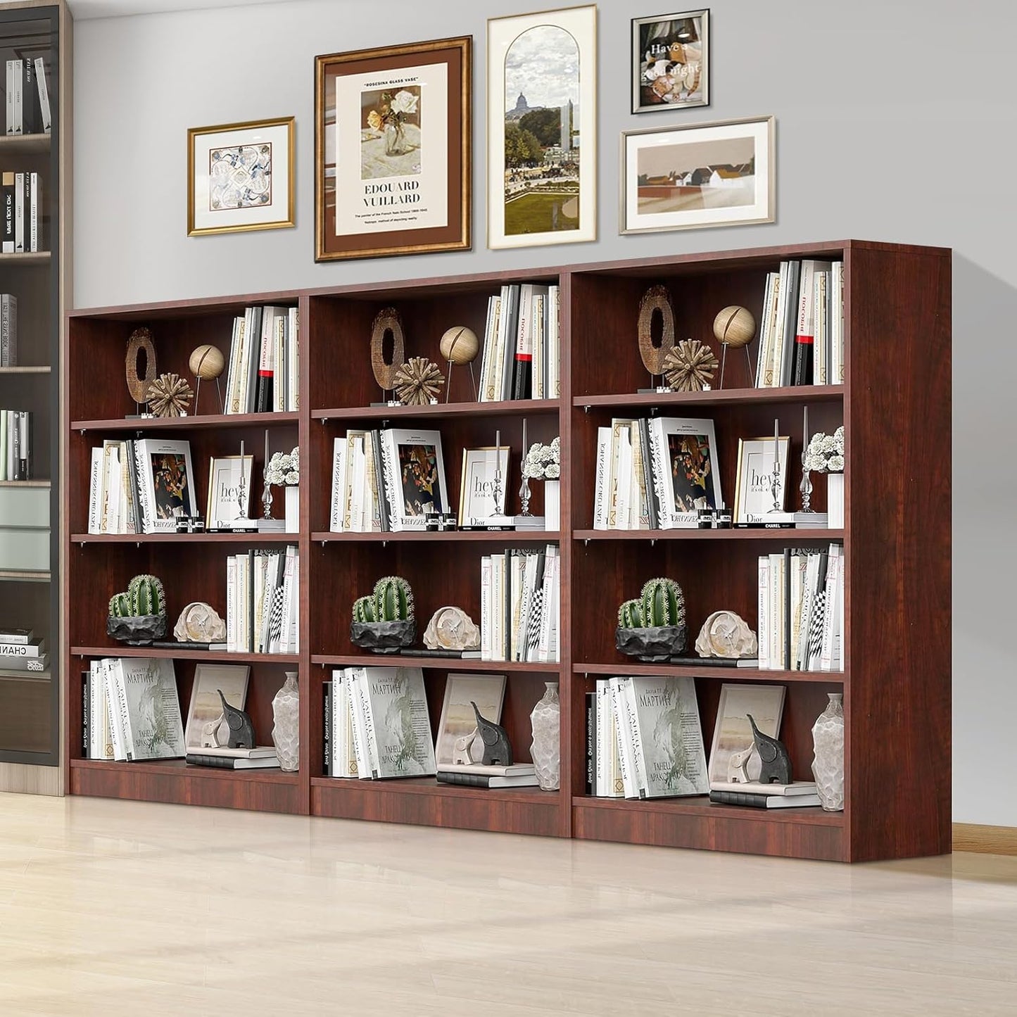 Wooden Bookcase with Adjustable Shelves, 4 Tier Wooden Bookshelf for Small Spaces, Office or Living Room, Modern Bookshelves Storage Rack, Manga Display Shelf,48 Inch,Cherry
