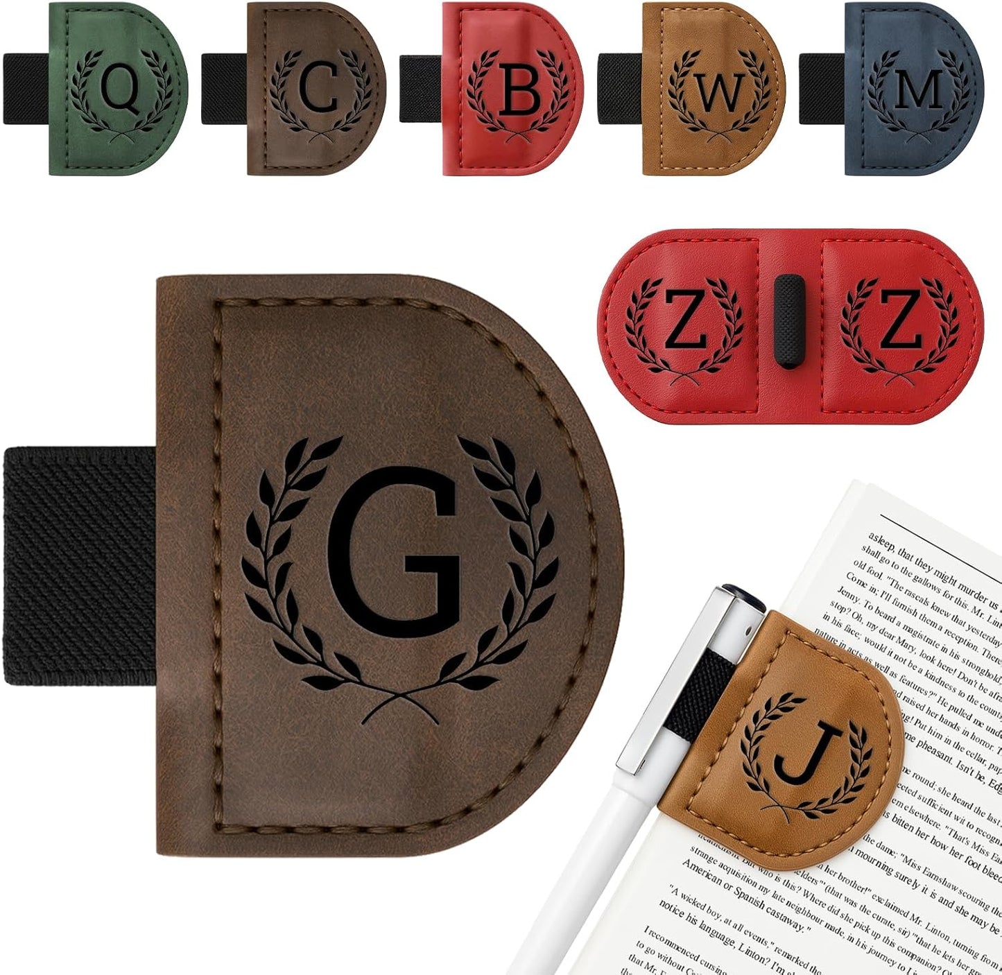 Personalized Bygone Mark Bookmark with Pen Holder,Engraving Leather Magnetic Bookmarks Vintage 26 Letters Name Initials Text Book Marker Clips Gifts for Reading Book Lovers Women (Coffee, G)