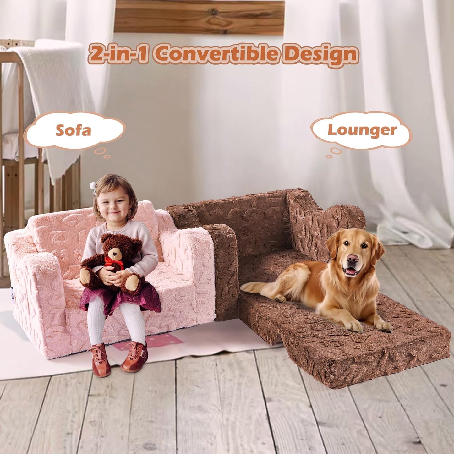 Kids Couch, 2-in-1 Convertible Kids Chair to Lounger Bed, Kids Sofa for Toddler Boys Girls, Ideal for Reading Sleeping Gaming Decor (Pink)