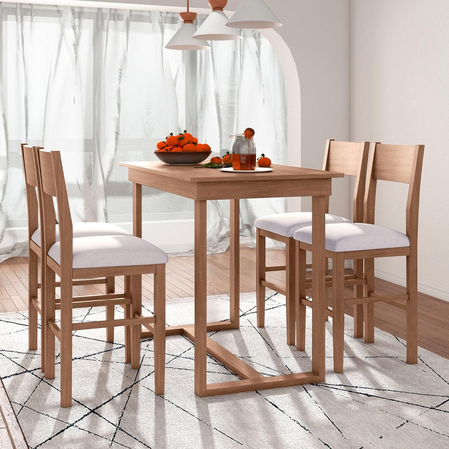 Merax Farmhouse Counter Height 5-Piece Dining Set with 1 Rectangular Table and 4 Upholstered Chairs for Small Places, Family Kitchen Furniture, Brown