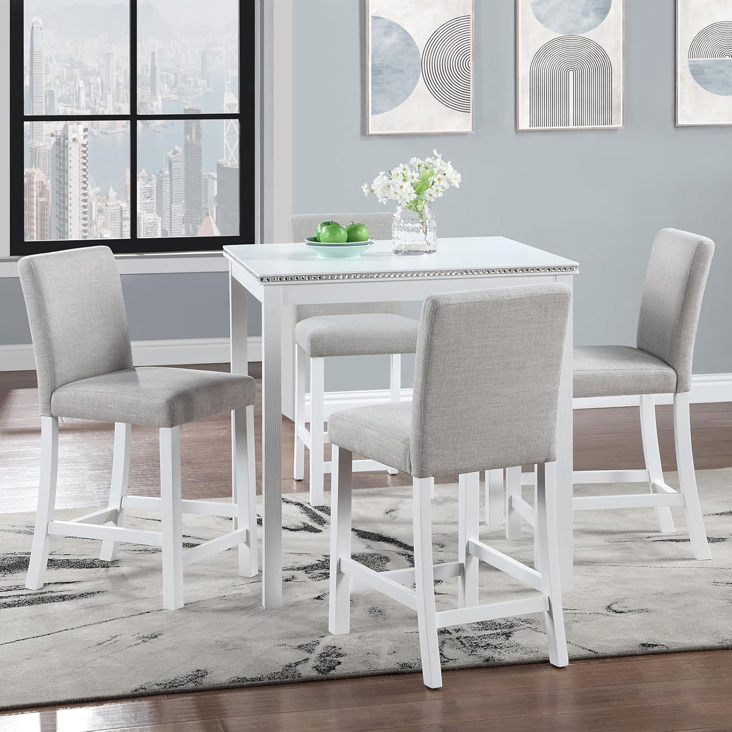 KEIKI 5-Piece Counter Height Dining Table Set with Square Table and 4 Upholstered Chair, for 4 Person, Modern Style Crystal Decoration Wooden Table Set, Easy Assembly, for Kitchen, Dining Room,White