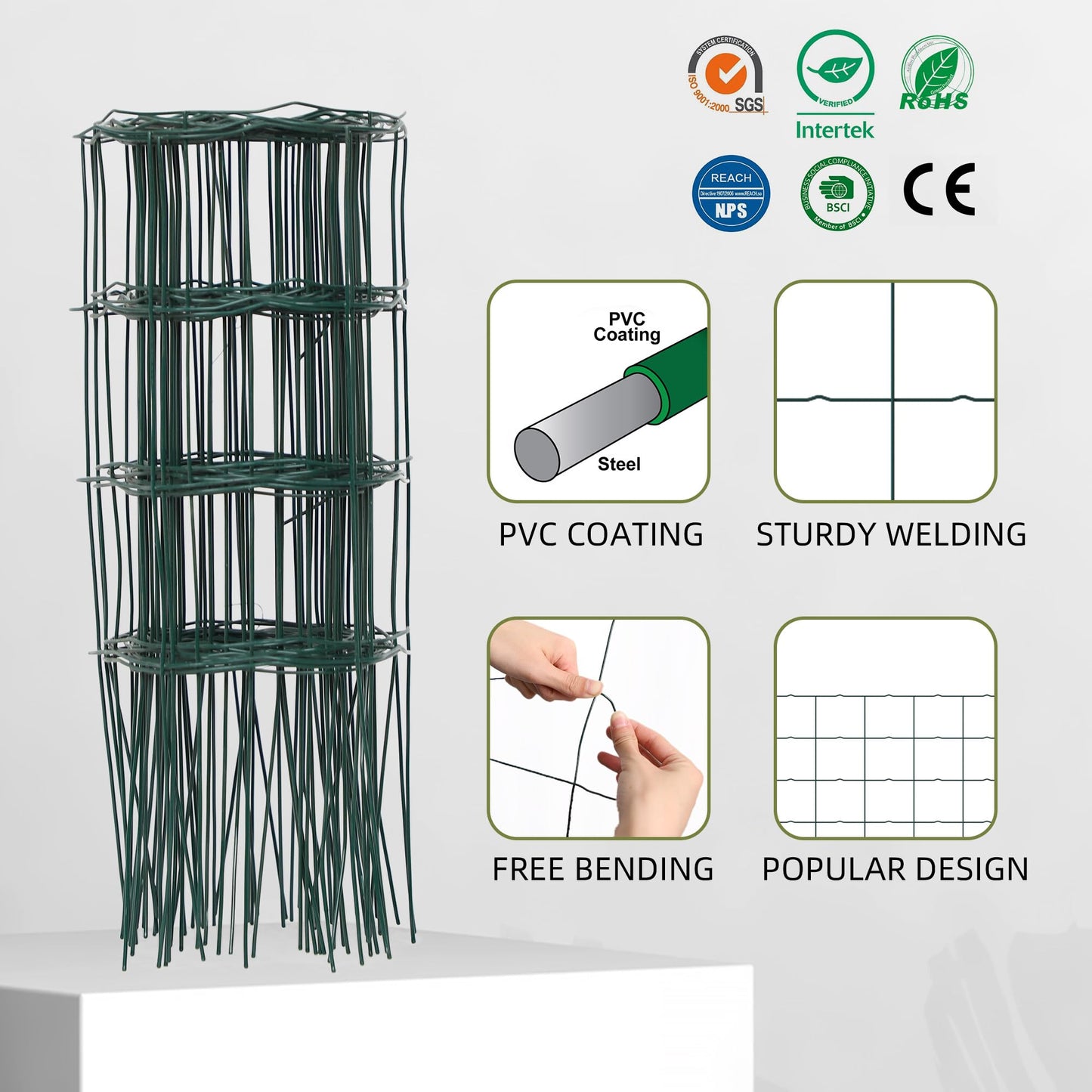 PROWORX Decorative Garden Fence Border Rolls, Total 14 in x 40 ft 2 Pack Metal Folding Flat Wire Fencing for Yard, Green PVC Coated Outdoor Patio Landscape Flower Bed Edging