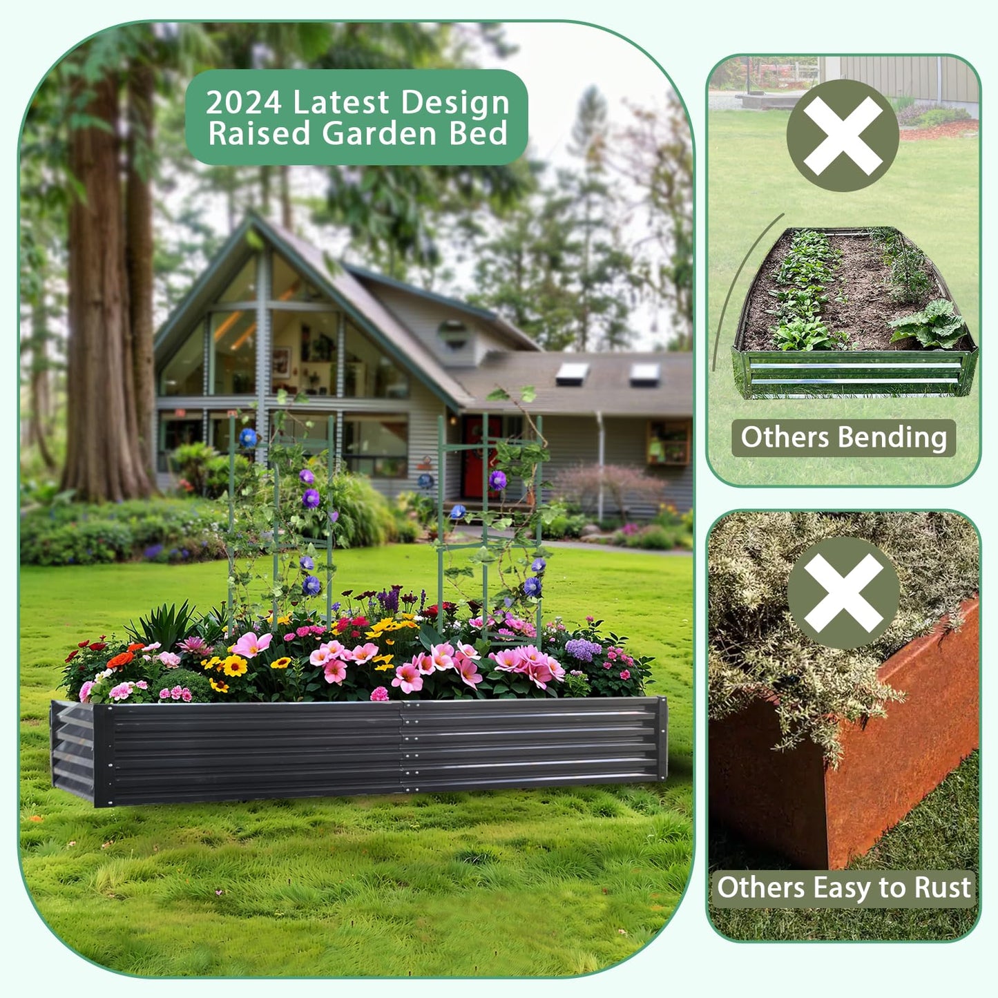 PICNICNI Metal Raised Garden Bed 8x4x1.5Ft Tall Outdoor Large Metal Galvanized Planter Boxes Kit for Vegetables, Flowers and Herbs,Garden Beds with 2Pcs Tomato Cage 1Pc Gloves,Black